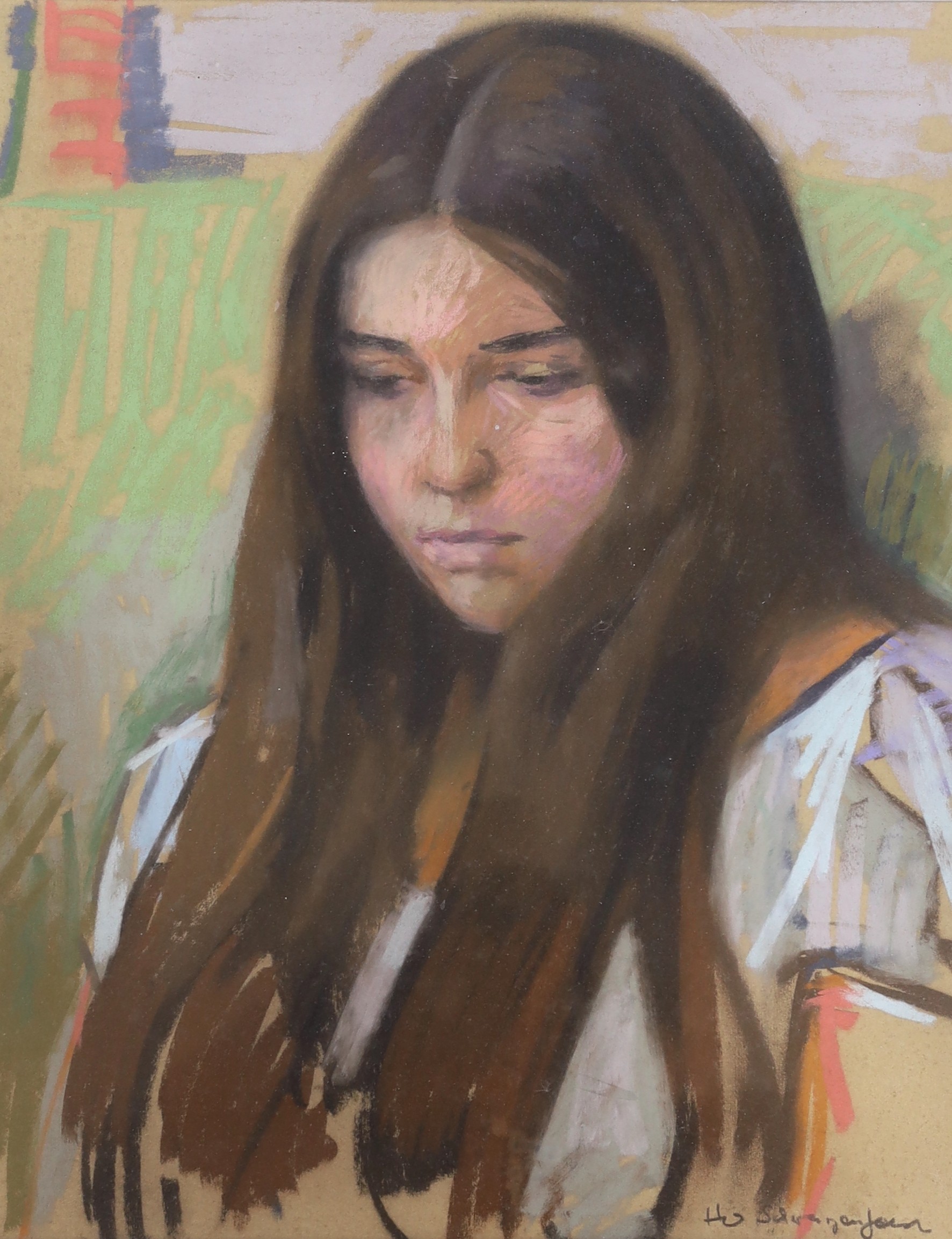 Continental School, pastel, Portrait of a young woman, signed, 43 x 34cm